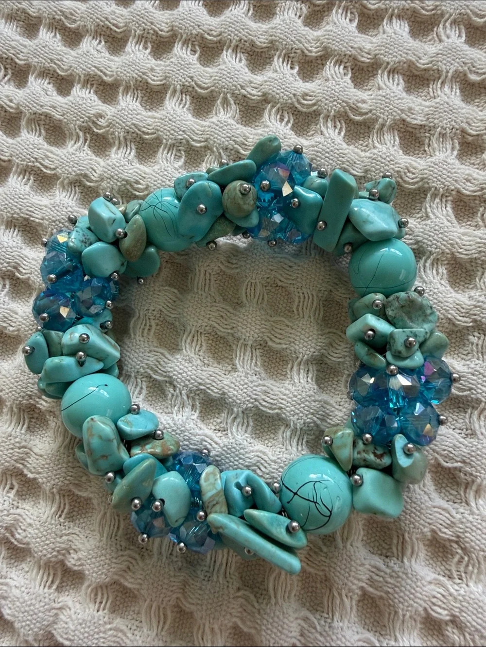 Turquoise Bead and Crystal Stretch Bracelet - Blue